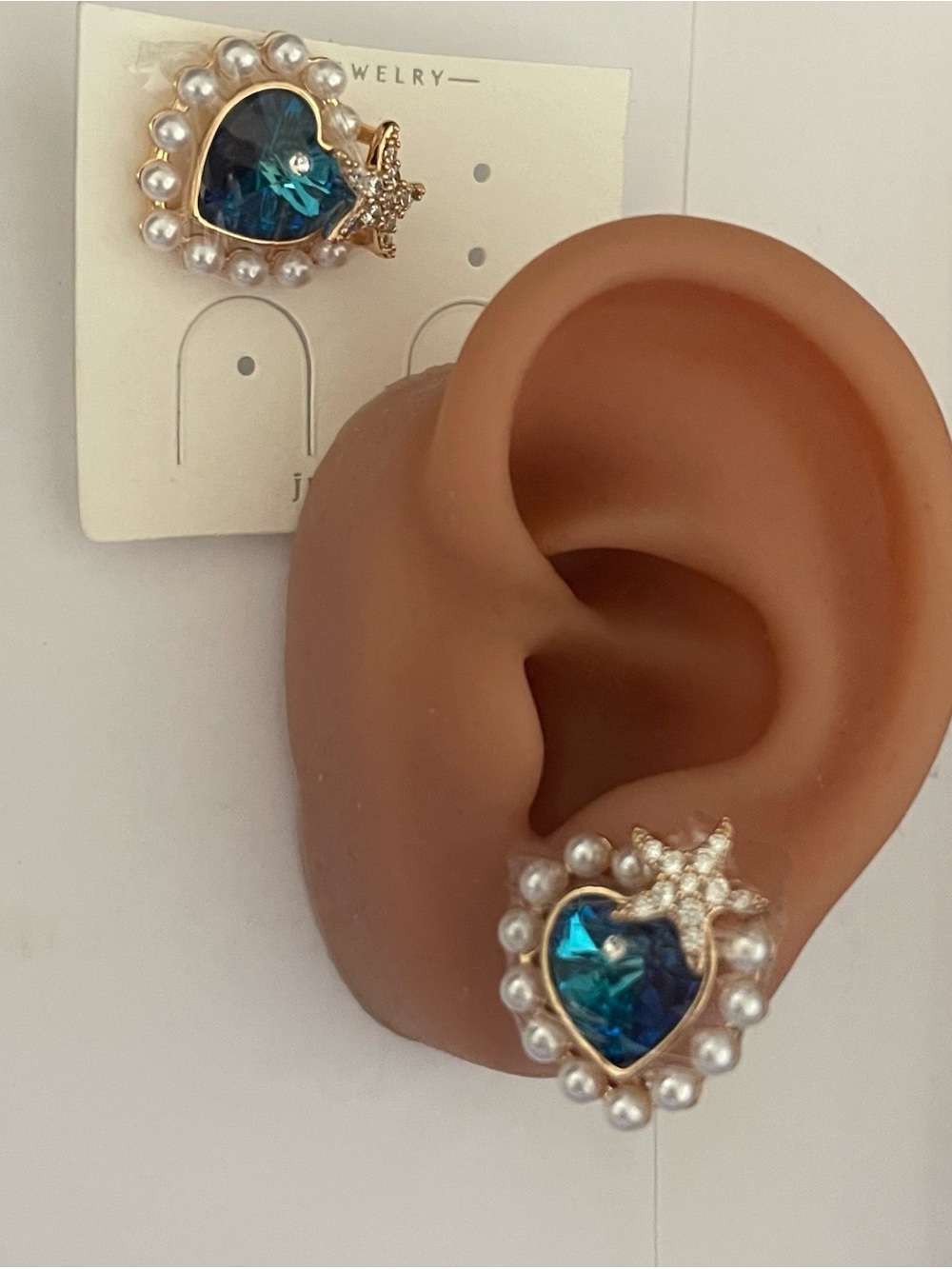 Swarovski Blue Heart & Pearl Star Stud Earrings